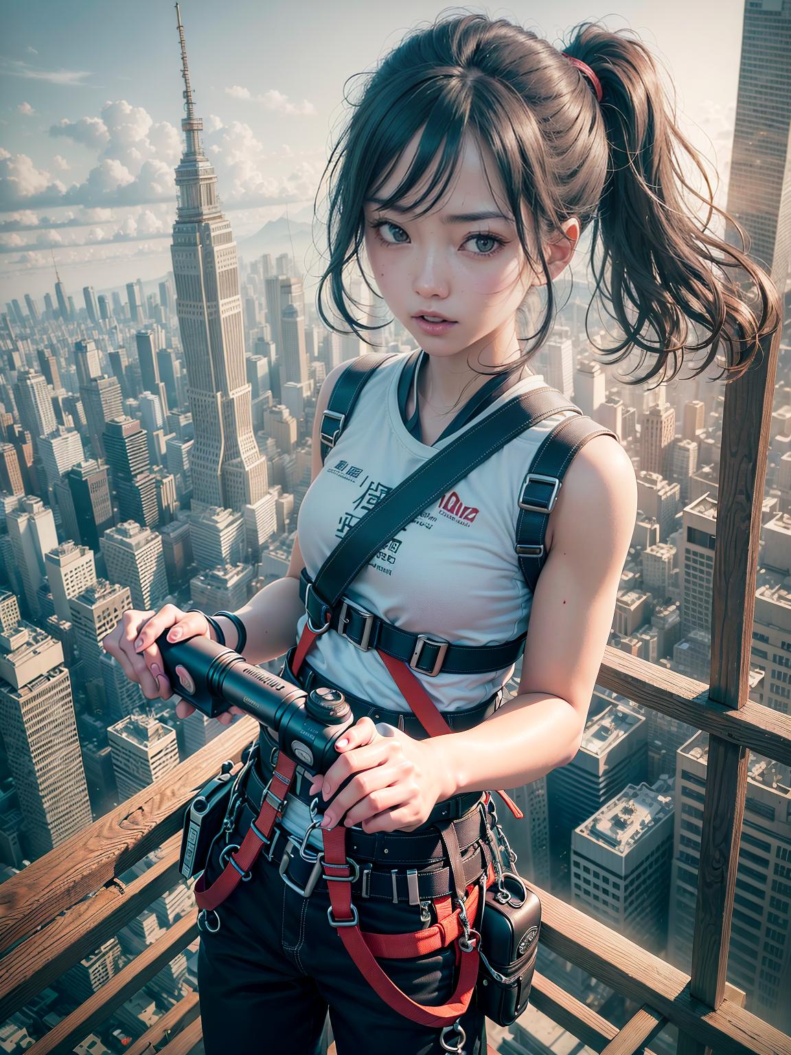 master piece, best quality, ultra detailed, highres, 4k.8k, Climber., Climbing, reaching the top, looking down, posing for a photo., Focused and determined., BREAK A climber conquering Tokyo Tower., Tokyo Tower observation deck., Rope, harness, climbing gear, camera., BREAK Elevated, urban, adventurous., Sunlight, clear sky, cityscape backdrop, feeling of accomplishment., fantasy00d