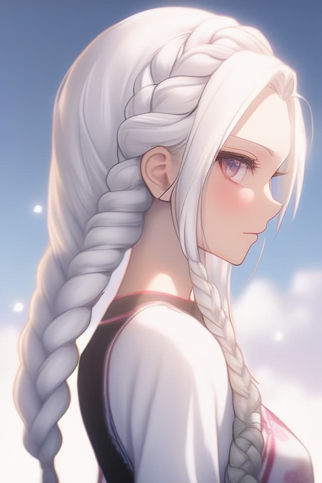  (One girl) (One girl is braided back) (Beautiful Girl) (Profile) (Close Up of Upper Body) Masterpiece (Beautiful White Hair) (BRAIDED ON LEFT SIDE) (IN ONE PIECE) High Quality, 8k