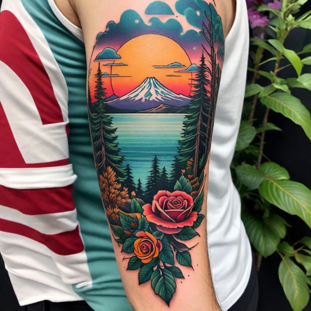  Create a vibrant and cool tattoo sleeve design that represents Portland, Oregon and the Pacific Northwest. The design should incorporate elements like pine trees, Mount Hood, roses, the Portland skyline, and other iconic symbols of the region. The color scheme should be bright and eye-catching, capturing the essence of the Pacific Northwest. hyperrealistic, full body, detailed clothing, highly detailed, cinematic lighting, stunningly beautiful, intricate, sharp focus, f/1. 8, 85mm, (centered image composition), (professionally color graded), ((bright soft diffused light)), volumetric fog, trending on instagram, trending on tumblr, HDR 4K, 8K