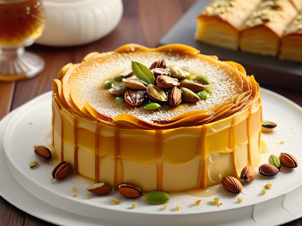  A closeup, ultradetailed image of layers of crisp golden phyllo dough interspersed with a generous amount of finely chopped mixed nuts, such as pistachios, walnuts, and almonds, all drenched in a glistening amber honey syrup. The intricate layers of the baklava are perfectly visible, showcasing the precision and care that goes into creating this delectable Middle Eastern dessert. The nuts are meticulously arranged, highlighting their rich textures and colors against the goldenbrown backdrop of the pastry. The syrup delicately coats each nut, reflecting light and adding a mouthwatering sheen to the overall composition. hyperrealistic, full body, detailed clothing, highly detailed, cinematic lighting, stunningly beautiful, intricate, sharp focus, f/1. 8, 85mm, (centered image composition), (professionally color graded), ((bright soft diffused light)), volumetric fog, trending on instagram, trending on tumblr, HDR 4K, 8K