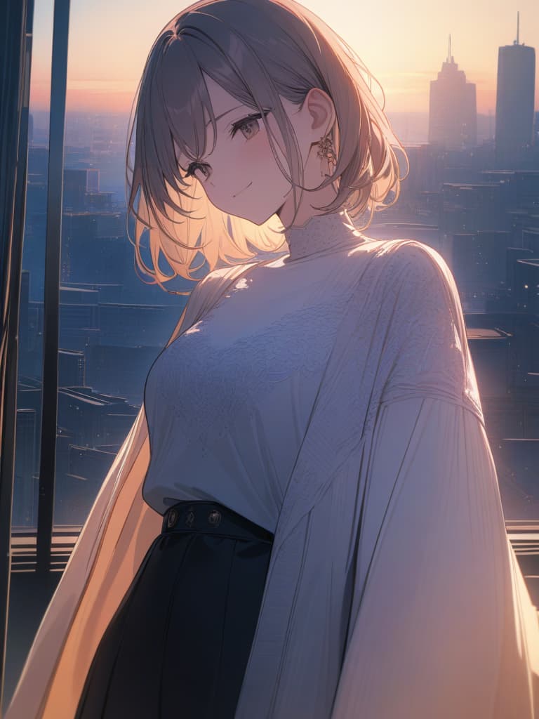  The background is the city of the city, the sky is the sky, the sunset is looking a little, the woman is smiling, looking at it, the whole body, the clothes is one piece, masterpiece, best quality,8k,ultra detailed,high resolution,an extremely delicate and beautiful,hyper detail