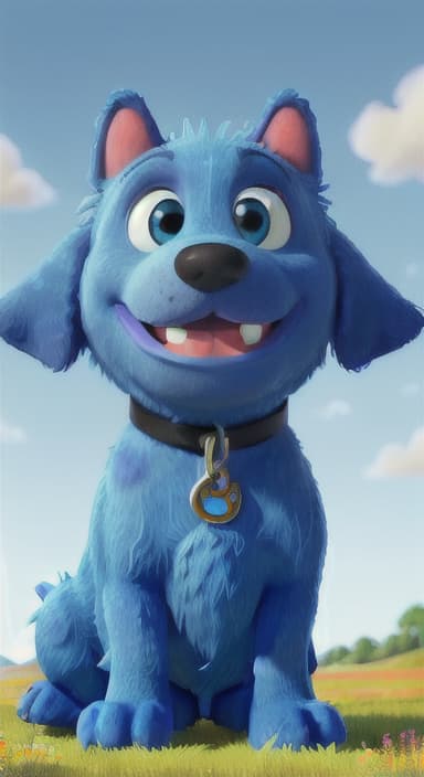  {A happy, big blue dog wagging its tail in a colorful meadow, The big blue dog is large with sky blue fur, big round eyes, a black nose, and floppy ears.