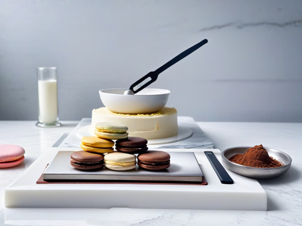  A beautifully arranged display of various baking tools and ingredients on a pristine white marble countertop, featuring precisioncut measuring spoons, a sleek digital kitchen scale, artisanal vanilla beans, a pile of rich cocoa powder, and a stack of pastelhued macarons cooling on a wire rack. The image captures the essence of meticulous preparation and highquality ingredients essential for implementing food safety protocols in pastry contests. hyperrealistic, full body, detailed clothing, highly detailed, cinematic lighting, stunningly beautiful, intricate, sharp focus, f/1. 8, 85mm, (centered image composition), (professionally color graded), ((bright soft diffused light)), volumetric fog, trending on instagram, trending on tumblr, HDR 4K, 8K