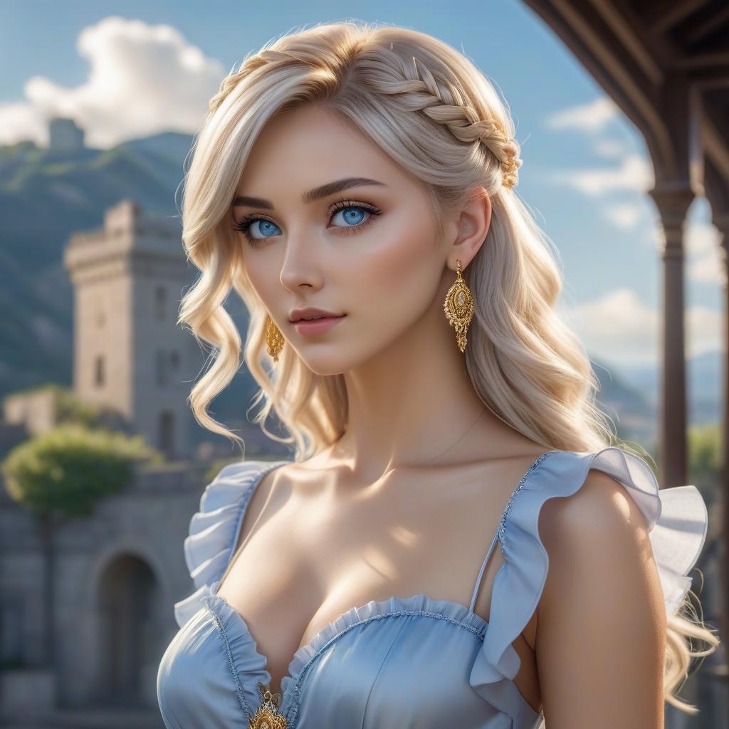  A girl with light hair, silver blue eyes, and golden earrings in her ears, against a beautiful background, wearing a dress with thin ruffles, looks far away in the anime style. hyperrealistic, full body, detailed clothing, highly detailed, cinematic lighting, stunningly beautiful, intricate, sharp focus, f/1. 8, 85mm, (centered image composition), (professionally color graded), ((bright soft diffused light)), volumetric fog, trending on instagram, trending on tumblr, HDR 4K, 8K