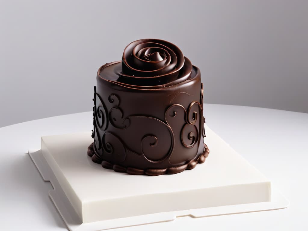  A highresolution, ultradetailed image of a delicate chocolate sculpture showcasing intricate swirls and delicate curls, set against a stark white background to emphasize the craftsmanship and artistry of advanced chocolate techniques. The sculpture should exude elegance and sophistication, exemplifying the pinnacle of chocolatier mastery in a visually striking yet minimalist composition. hyperrealistic, full body, detailed clothing, highly detailed, cinematic lighting, stunningly beautiful, intricate, sharp focus, f/1. 8, 85mm, (centered image composition), (professionally color graded), ((bright soft diffused light)), volumetric fog, trending on instagram, trending on tumblr, HDR 4K, 8K