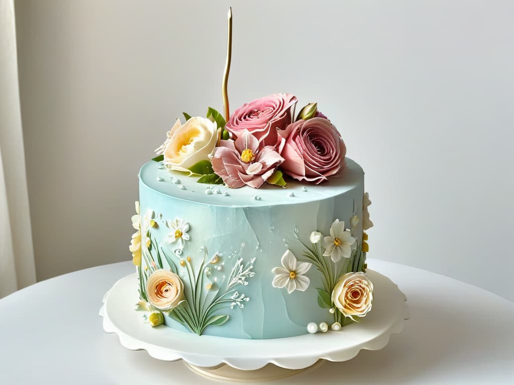  A highresolution, minimalist image of a beautifully decorated wedding cake, showcasing intricate handpainted floral designs in soft pastel colors. The cake is displayed on a simple, elegant white cake stand against a clean, unobtrusive background, emphasizing the artistry and craftsmanship of the edible masterpiece. hyperrealistic, full body, detailed clothing, highly detailed, cinematic lighting, stunningly beautiful, intricate, sharp focus, f/1. 8, 85mm, (centered image composition), (professionally color graded), ((bright soft diffused light)), volumetric fog, trending on instagram, trending on tumblr, HDR 4K, 8K