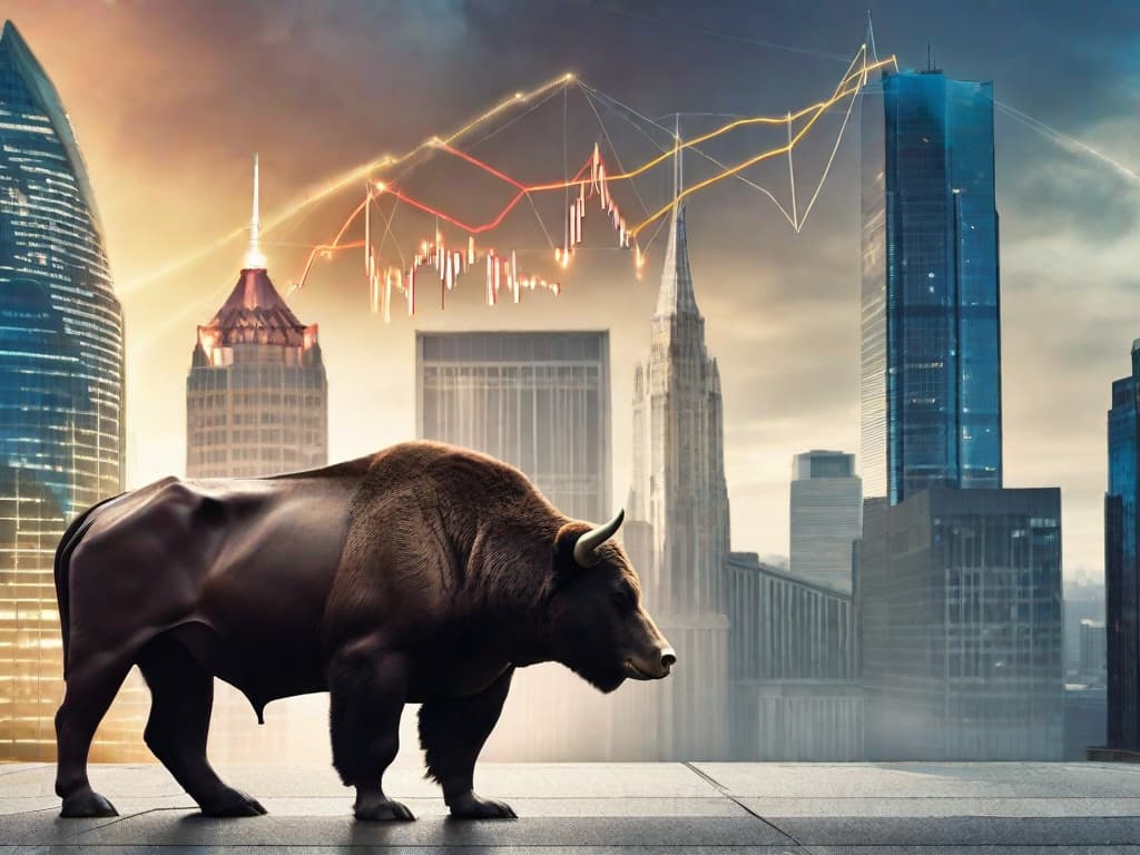  A bull and a bear facing each other, symbolizing the stock market trends, on a background of rising and falling graphs, with a financial district skyline silhouette. digital art, ilustration, no flares, clean hyperrealistic, full body, detailed clothing, highly detailed, cinematic lighting, stunningly beautiful, intricate, sharp focus, f/1. 8, 85mm, (centered image composition), (professionally color graded), ((bright soft diffused light)), volumetric fog, trending on instagram, trending on tumblr, HDR 4K, 8K