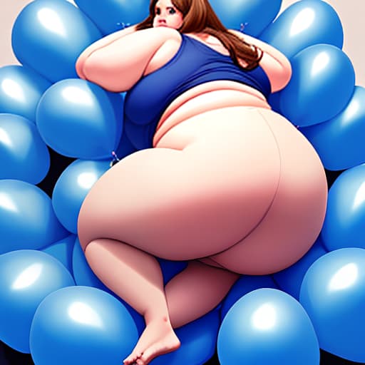  a very fat obese female butt that is swelling enormously in a gigantic way lying on a pile of blue balloons