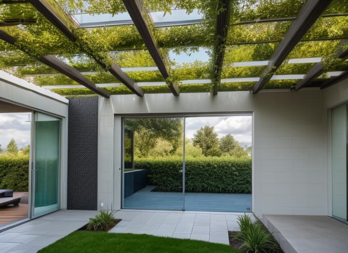  A high resolution photograph of a modern Residential House, blue bright sky and clouds, trees, grass floor, lush greenery surrounding, a spacious and inviting appearance, visible interior lighting, warm and welcoming ambiance, captured by a Canon EOS 5D Mark IV camera + Canon EF 16 35 mm f/2.8L II USM lens, wide angle perspective, architectural beauty, golden hour of a summer evening,
