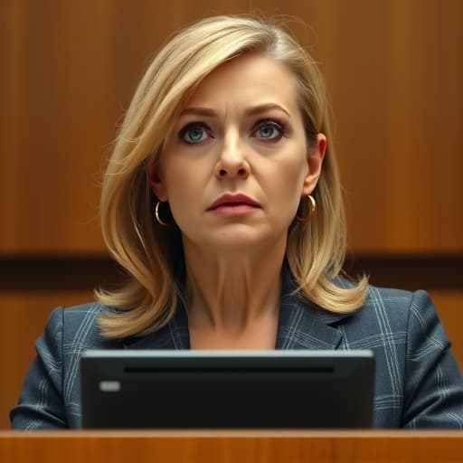  the face of a scared middle aged blond woman who stands at a podium defending herself in court in the style of tatsuro kiuchi, minimalism, simple v 6.1 s 750 hyperrealistic, full body, detailed clothing, highly detailed, cinematic lighting, stunningly beautiful, intricate, sharp focus, f/1. 8, 85mm, (centered image composition), (professionally color graded), ((bright soft diffused light)), volumetric fog, trending on instagram, trending on tumblr, HDR 4K, 8K