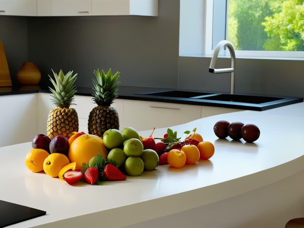  A highresolution, ultradetailed image of a sleek, modern kitchen countertop with a variety of colorful and vibrant fruits arranged neatly in a row. Each fruit is perfectly sliced to reveal its juicy interior, showcasing a mix of textures and colors. Light streams in from a nearby window, casting a soft, natural glow on the fruits, creating a visually striking and appetizing scene. hyperrealistic, full body, detailed clothing, highly detailed, cinematic lighting, stunningly beautiful, intricate, sharp focus, f/1. 8, 85mm, (centered image composition), (professionally color graded), ((bright soft diffused light)), volumetric fog, trending on instagram, trending on tumblr, HDR 4K, 8K