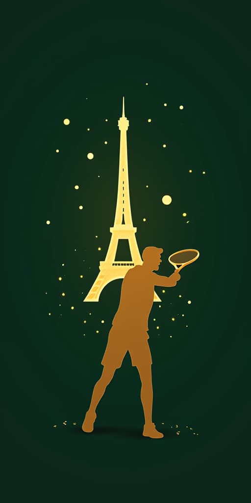  good quality, high quality, tennis player silhouette: gold silhouette of a tennis player serving with the eiffel tower glowing in the background on a dark green background.