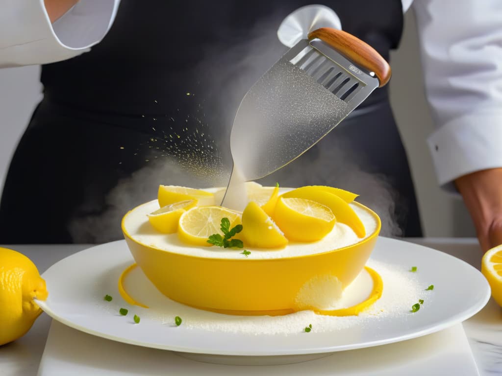  An 8k ultradetailed image showcasing a closeup of a chef's hands expertly using a zester to grate the vibrant yellow zest of a lemon onto a bowl of batter. The focus is on the intricate movement of the tool capturing every tiny lemon zest curl falling delicately onto the mixture, highlighting the meticulous care and attention to detail in utilizing every part of the ingredient. The background is softfocused, emphasizing the simplicity and precision of the process, perfectly encapsulating the essence of maximizing ingredient usage in pastry making. hyperrealistic, full body, detailed clothing, highly detailed, cinematic lighting, stunningly beautiful, intricate, sharp focus, f/1. 8, 85mm, (centered image composition), (professionally color graded), ((bright soft diffused light)), volumetric fog, trending on instagram, trending on tumblr, HDR 4K, 8K