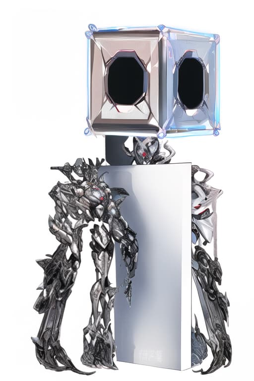  **can you generate a image of a silver chrome cube head, human-like character with two black ovels for eyes, with no facial features, standing straight, wearing knights armor, full body, white background, macro photography, glitchy illustration, shiny, glitchy, Japanese comic book cutout --ar 9:16