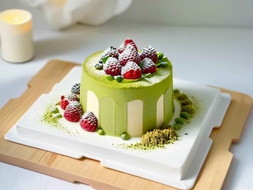  An elegant and minimalistic image of a delicate matcha green tea tiramisu served in a white porcelain dish, garnished with fresh raspberries and dusted with matcha powder on top. The dessert is beautifully presented on a light wooden table, with soft natural light gently illuminating the dish, creating a serene and sophisticated culinary composition. hyperrealistic, full body, detailed clothing, highly detailed, cinematic lighting, stunningly beautiful, intricate, sharp focus, f/1. 8, 85mm, (centered image composition), (professionally color graded), ((bright soft diffused light)), volumetric fog, trending on instagram, trending on tumblr, HDR 4K, 8K