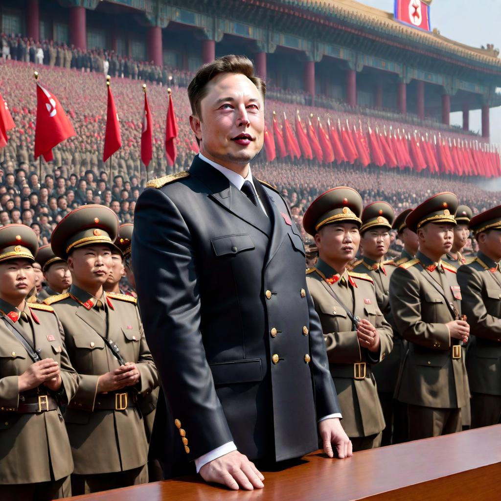  Elon Musk as the leader of North Korea, in a North Korean military uniform, waving to a crowd at a military parade. The scene is filled with North Korean flags and military personnel in a grand and formal setting. The image should be realistic and respectful, capturing all details of the event with accuracy. hyperrealistic, full body, detailed clothing, highly detailed, cinematic lighting, stunningly beautiful, intricate, sharp focus, f/1. 8, 85mm, (centered image composition), (professionally color graded), ((bright soft diffused light)), volumetric fog, trending on instagram, trending on tumblr, HDR 4K, 8K