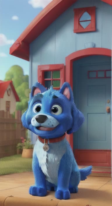  {Max the big blue dog standing in front of a cozy little house with a red door, The big blue dog is large with sky blue fur, big round eyes, a black nose, and floppy ears.