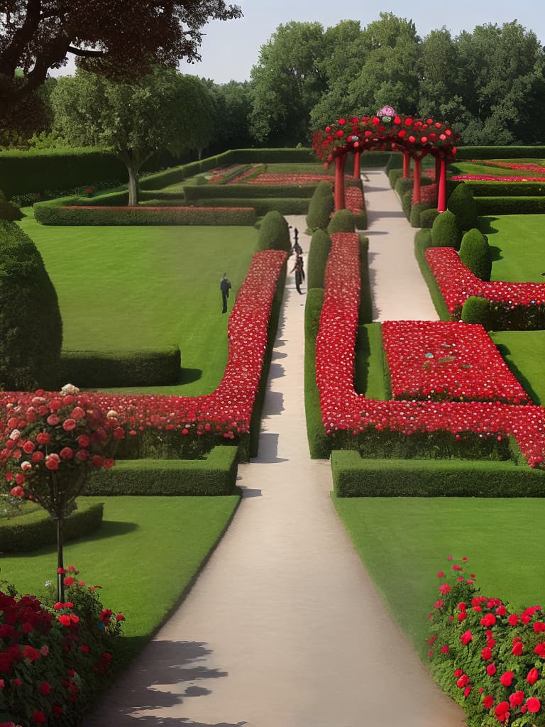  a royal red rose garden, a path in between two caries