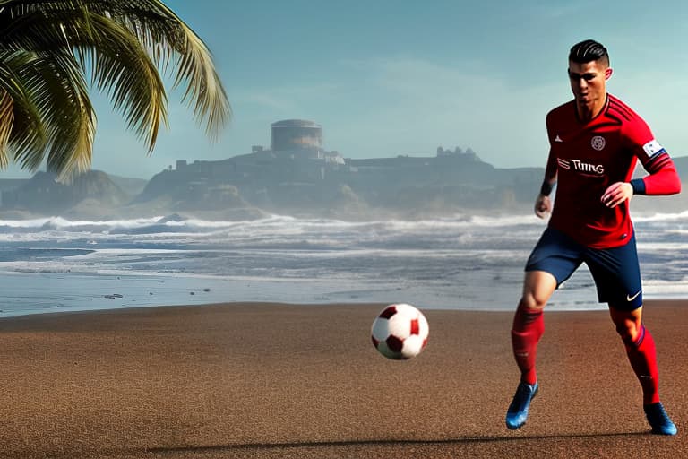 redshift style Cristiano Ronaldo playing football in ocean. hyperrealistic, full body, detailed clothing, highly detailed, cinematic lighting, stunningly beautiful, intricate, sharp focus, f/1. 8, 85mm, (centered image composition), (professionally color graded), ((bright soft diffused light)), volumetric fog, trending on instagram, trending on tumblr, HDR 4K, 8K