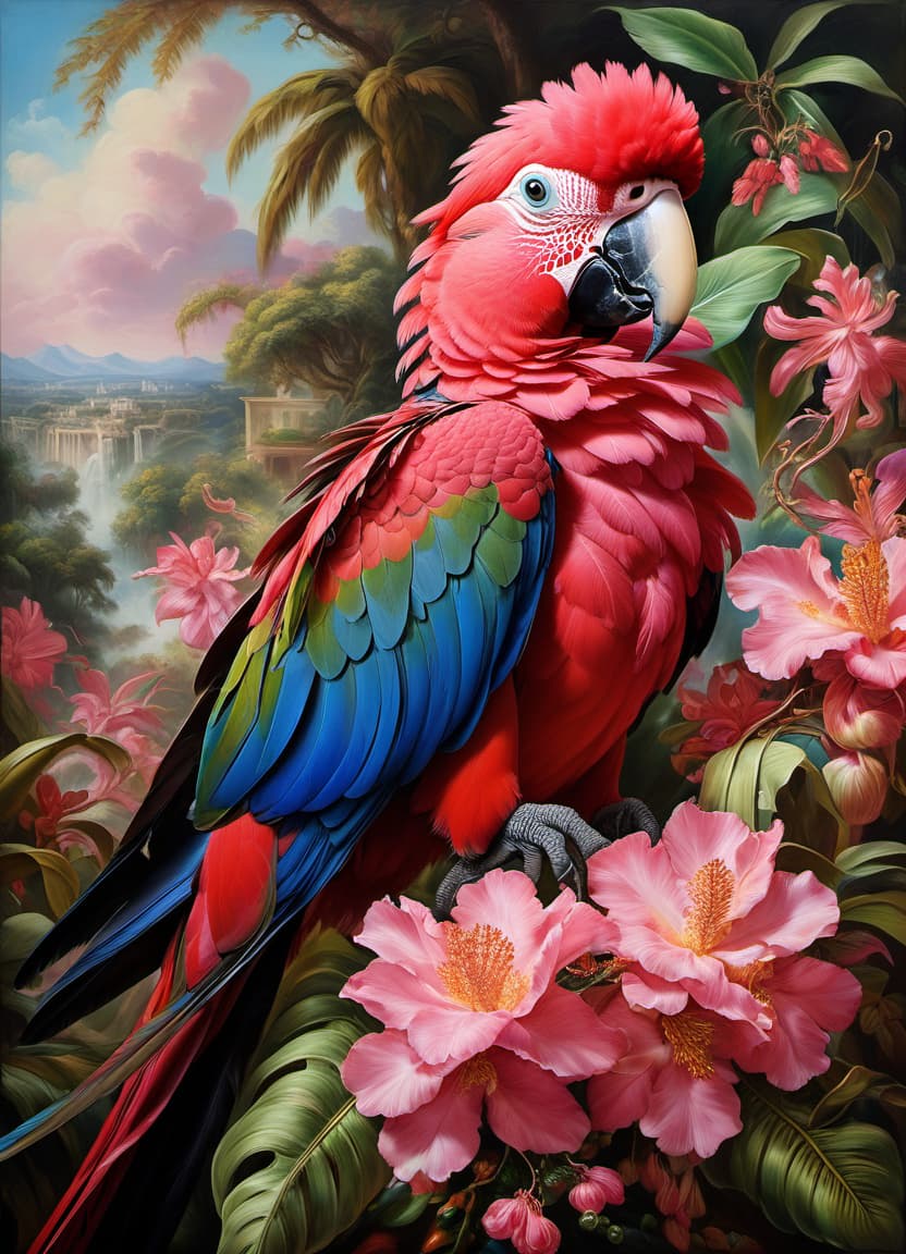  Oil Painting. Highly detailed image. Distant plan. Exotic and unrealistic aga parrot with pink plumage. Background:: surrealistic abstractionism with elements of bright exotic flowers and dangling lianas. Stylistics: fantasy abstraction, surrealism, abstractionism. In the manner of Fragonard, Kim Kiev, Mark Keatley, Van Gogh, Gauguin. High quality. hyperrealistic, full body, detailed clothing, highly detailed, cinematic lighting, stunningly beautiful, intricate, sharp focus, f/1. 8, 85mm, (centered image composition), (professionally color graded), ((bright soft diffused light)), volumetric fog, trending on instagram, trending on tumblr, HDR 4K, 8K