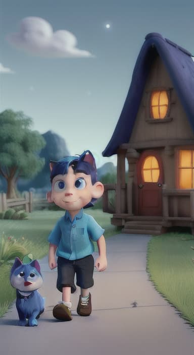  {Max walking back towards the cozy little house with droopy eyes, as twilight falls, The big blue dog is large with sky blue fur, big round eyes, a black nose, and floppy ears.