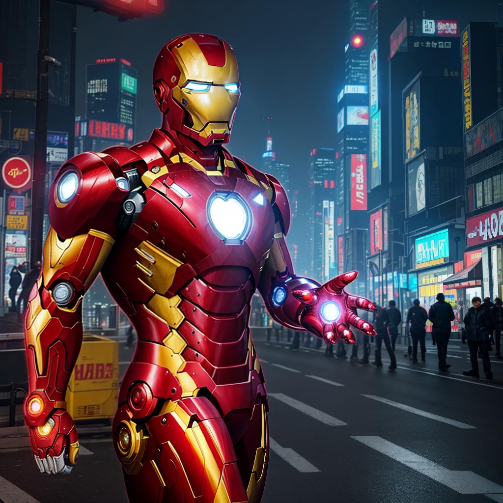  masterpiece, best quality, masterpiece, 8k resolution, realistic, highly detailed, Iron Man close-up. He stands on a street lined with tall buildings in a cyberpunk style city at night. The city's night lights are bright, and the surrounding buildings and streets are full of cyberpunk elements such as neon lights, high-tech equipment and futuristic architectural design.