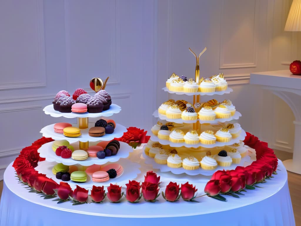  A closeup, photorealistic image of an array of decadent desserts beautifully arranged on a glass dessert table, showcasing a variety of colorful macarons, creamy cheesecakes, glossy chocolate truffles, and intricately decorated cupcakes. The desserts are artfully garnished with fresh berries, edible flowers, and delicate gold leaf, with soft ambient lighting casting gentle shadows to create a luxurious and inviting atmosphere. The table is adorned with elegant silver cutlery and crystal glassware, evoking a sense of sophistication and indulgence fit for a highend dessert festival. hyperrealistic, full body, detailed clothing, highly detailed, cinematic lighting, stunningly beautiful, intricate, sharp focus, f/1. 8, 85mm, (centered image composition), (professionally color graded), ((bright soft diffused light)), volumetric fog, trending on instagram, trending on tumblr, HDR 4K, 8K