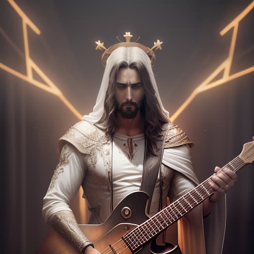  Jesus Christ on the cross with a thorn crown plays an explorer shaped electric guitar., dark , creepy , blood , monsters , by Jason Engle , Carlos Huante , Charlie Bowater , Simon Lee , Brom hyperrealistic, full body, detailed clothing, highly detailed, cinematic lighting, stunningly beautiful, intricate, sharp focus, f/1. 8, 85mm, (centered image composition), (professionally color graded), ((bright soft diffused light)), volumetric fog, trending on instagram, trending on tumblr, HDR 4K, 8K