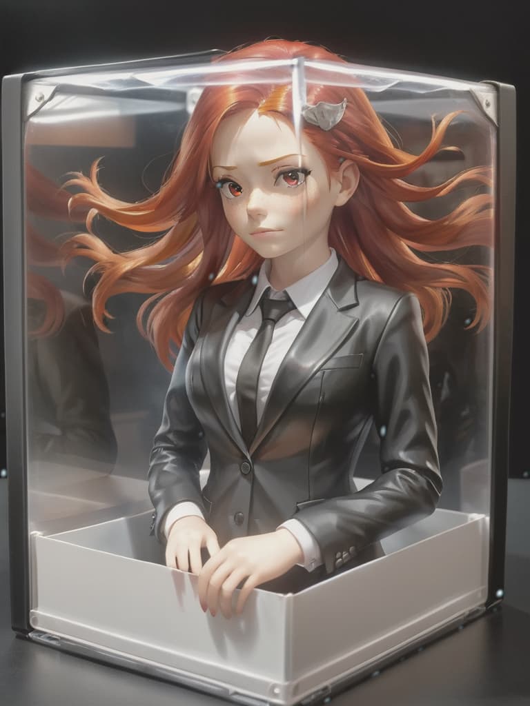  hyperrealistic art A girl with red hair, a special agent in a black suit, is enclosed in a plastic box. . extremely high-resolution details, photographic, realism pushed to extreme, fine texture, incredibly lifelike