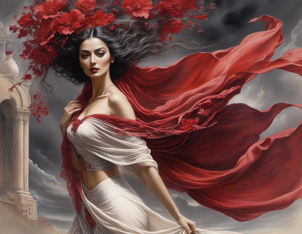  surrealist art depict an spanish woman, dancing, flowing floral scarf, elegant body lining. the backdrop is an ethereal spanish dreamscape of soft tones crimson, red, off white, magenta, grey. highly detailed. magic realism. alchemy. pastels, pen, ink and wash. luis royo, joaquin sorolla, georgia o’keeffe, arthur rackham. highest quality . dreamlike, mysterious, provocative, symbolic, intricate, detailed hyperrealistic, full body, detailed clothing, highly detailed, cinematic lighting, stunningly beautiful, intricate, sharp focus, f/1. 8, 85mm, (centered image composition), (professionally color graded), ((bright soft diffused light)), volumetric fog, trending on instagram, trending on tumblr, HDR 4K, 8K