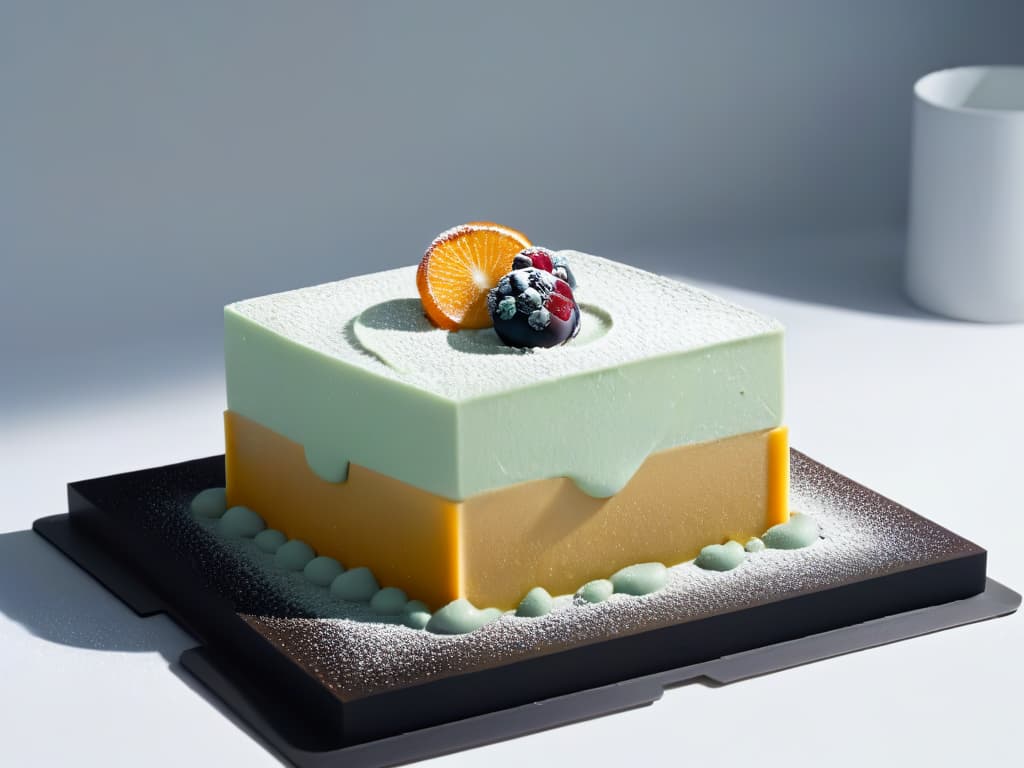  A minimalist 8k ultradetailed image of a gravitydefying 3D printed dessert masterpiece. The dessert is a intricate combination of geometric shapes, delicate layers, and vibrant colors, showcasing the innovative capabilities of 3D printing technology in the culinary world. The dessert hovers elegantly above a sleek, polished surface, casting a soft shadow underneath, emphasizing its gravitydefying nature. The background is a subtle gradient from light to dark, focusing all attention on the mesmerizing dessert creation. hyperrealistic, full body, detailed clothing, highly detailed, cinematic lighting, stunningly beautiful, intricate, sharp focus, f/1. 8, 85mm, (centered image composition), (professionally color graded), ((bright soft diffused light)), volumetric fog, trending on instagram, trending on tumblr, HDR 4K, 8K