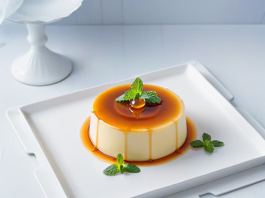  An image of a perfectly smooth and creamy flan parisino, topped with a delicate caramel drizzle, served on a pristine white plate with a garnish of fresh mint leaves on the side. The flan is elegantly presented, showcasing its glossy surface and golden hue, inviting the viewer to indulge in its decadent sweetness. The minimalistic composition highlights the beauty and simplicity of this classic French dessert, evoking a sense of sophistication and culinary artistry. hyperrealistic, full body, detailed clothing, highly detailed, cinematic lighting, stunningly beautiful, intricate, sharp focus, f/1. 8, 85mm, (centered image composition), (professionally color graded), ((bright soft diffused light)), volumetric fog, trending on instagram, trending on tumblr, HDR 4K, 8K