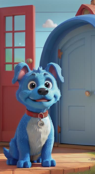  {Max the big blue dog standing in front of a cozy little house with a red door, The big blue dog is large with sky blue fur, big round eyes, a black nose, and floppy ears.