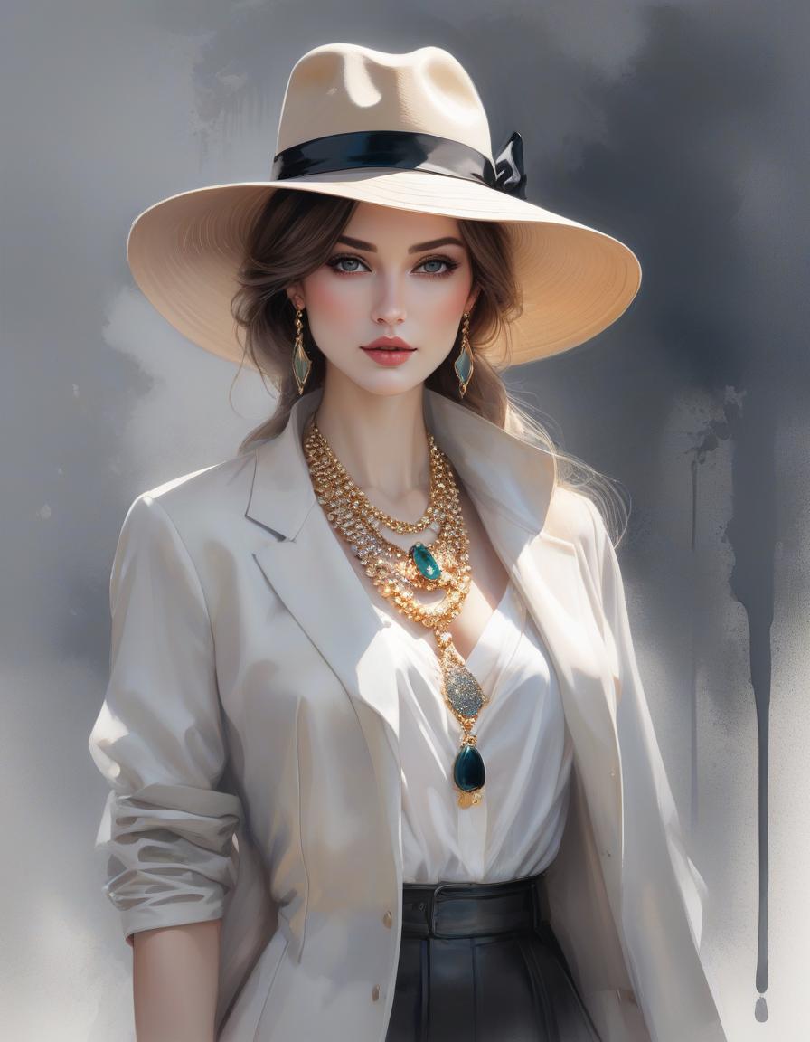  minimalist style painting of a woman wearing a hat with a necklace, exquisite digital illustration, elegante pintura digital, linda pintura de persona gem, beautiful digital illustration, estilo de pintura digital, linda pintura digital, linda arte digital, no estilo aquarela, pintura linda, no art style by bowater, a beautiful art illustration, no estilo de aquarela digital, with ink blots and paint running down the screen . simple, clean, uncluttered, modern, elegant hyperrealistic, full body, detailed clothing, highly detailed, cinematic lighting, stunningly beautiful, intricate, sharp focus, f/1. 8, 85mm, (centered image composition), (professionally color graded), ((bright soft diffused light)), volumetric fog, trending on instagram, trending on tumblr, HDR 4K, 8K