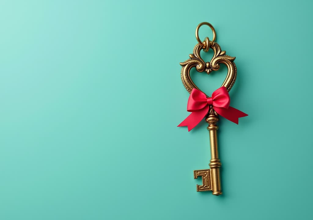  good quality, high quality, key with keyhole, key with heart, a vintage golden key with an ornate heart shaped bow on a minimal teal background. real estate concept, golden key with red heart