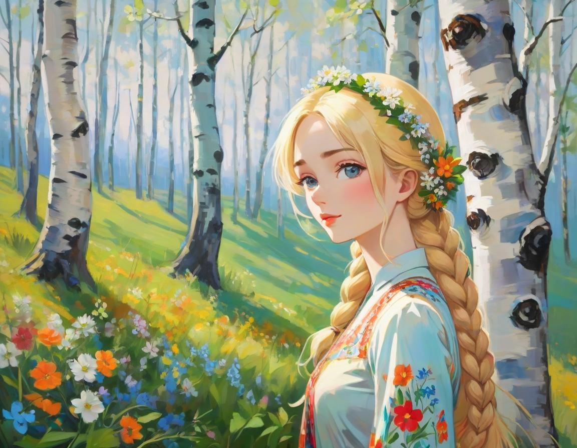  abstract expressionist painting A masterpiece.A beautiful girl with a blond braid in the image of spring stands by a birch tree.She has a wreath of wildflowers on her head.The girl is wearing a beautiful sundress in the Russian folk style. A train of wildflowers stretches from the hem of the sundress at the bottom. In the background there is a background in the form of a green blue gradient.The style is Russian patterns.The most beautiful picture in the world . energetic brushwork, bold colors, abstract forms, expressive, emotional hyperrealistic, full body, detailed clothing, highly detailed, cinematic lighting, stunningly beautiful, intricate, sharp focus, f/1. 8, 85mm, (centered image composition), (professionally color graded), ((bright soft diffused light)), volumetric fog, trending on instagram, trending on tumblr, HDR 4K, 8K