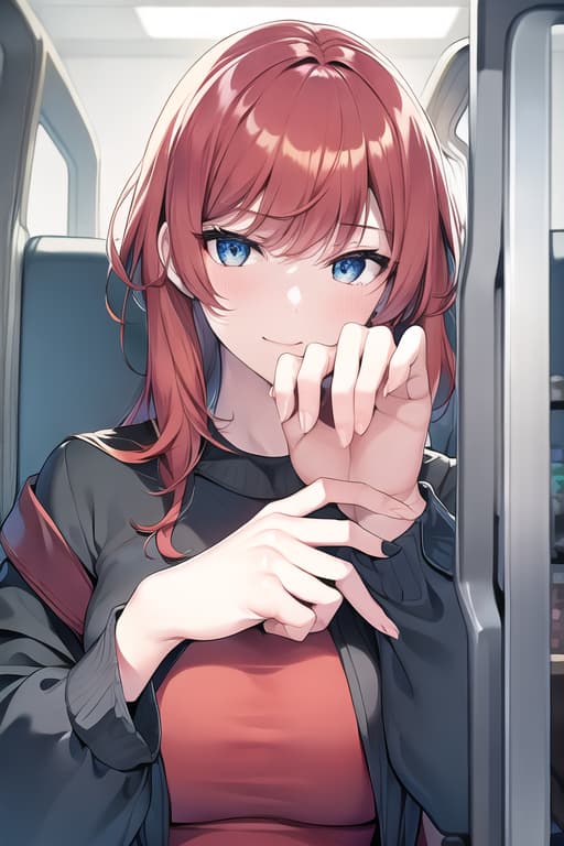  ((ultra-detailed)),((Very detailed CG unified 16k wallpaper)), ((stunning art)), ((ilration)), (((neat hands))),((perfect hands)),((five fingers)), (1),solo, 16year,((ultra-detailed)), shiny hair, shiny skin,ufotable,kurosaki mea,red hair, blue eyes