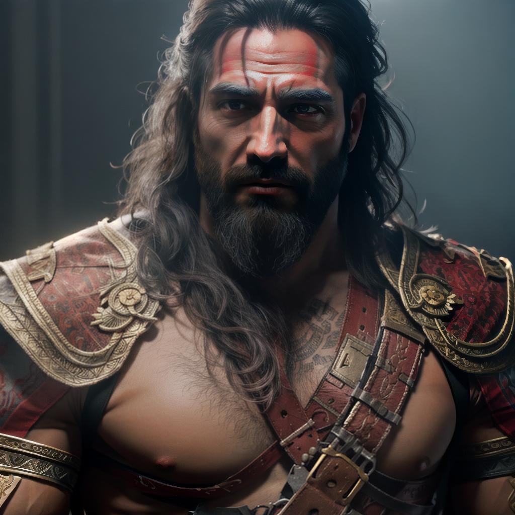  God of war hyperrealistic, full body, detailed clothing, highly detailed, cinematic lighting, stunningly beautiful, intricate, sharp focus, f/1. 8, 85mm, (centered image composition), (professionally color graded), ((bright soft diffused light)), volumetric fog, trending on instagram, trending on tumblr, HDR 4K, 8K