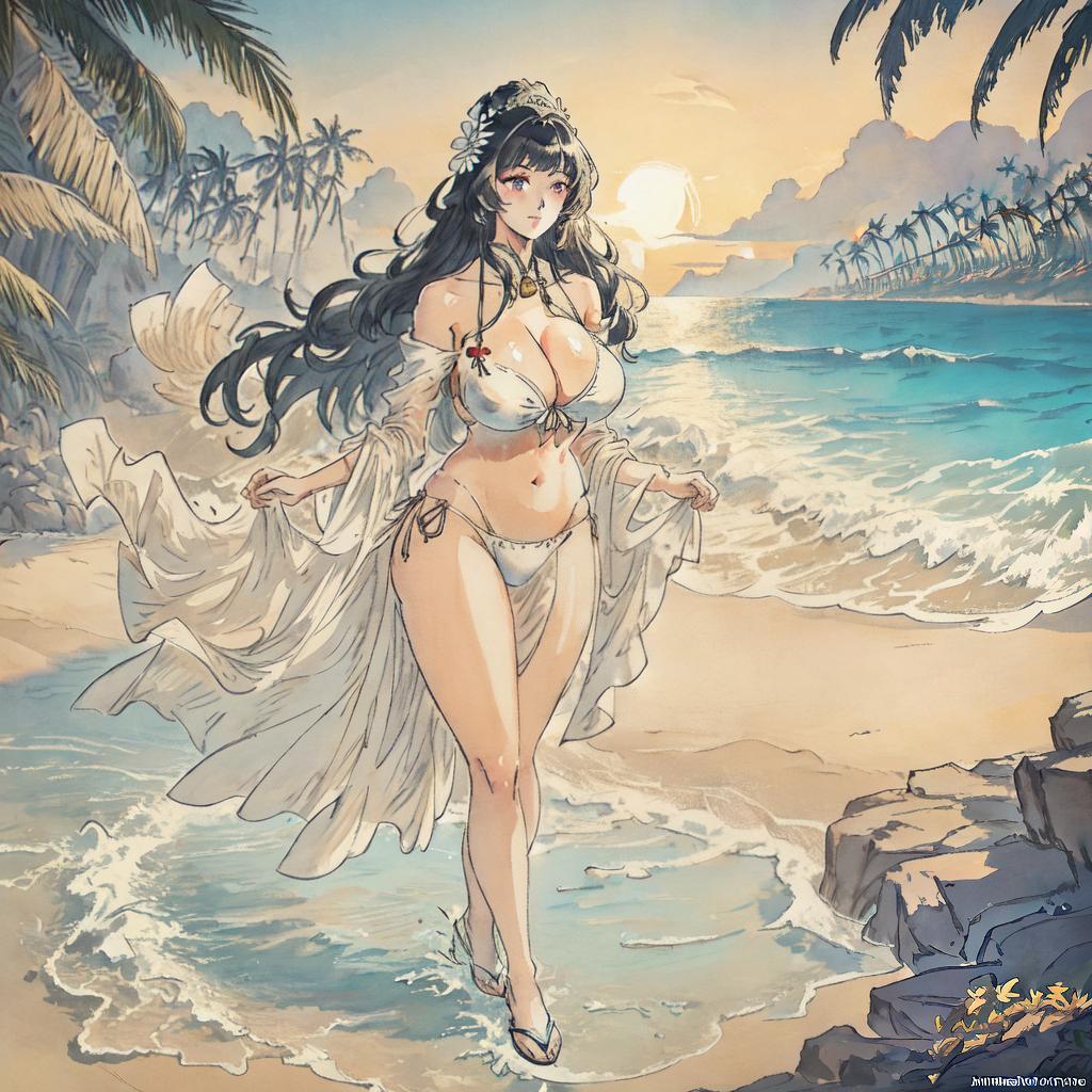  A masterpiece with the best quality, 8k, high detailed, and ultra-detailed. An Asian beauty with big eyes and a large bust wearing a bikini on the beach. (Fine sand) with (waves) crashing in the background, (sunshine) creating a warm glow on her skin, and (palm trees) swaying gently in the breeze. hyperrealistic, full body, detailed clothing, highly detailed, cinematic lighting, stunningly beautiful, intricate, sharp focus, f/1. 8, 85mm, (centered image composition), (professionally color graded), ((bright soft diffused light)), volumetric fog, trending on instagram, trending on tumblr, HDR 4K, 8K