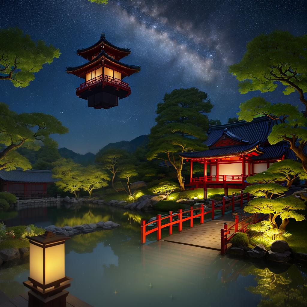  masterpiece, best quality, (Fidelity: 1.4), Best Quality, Masterpiece, Ultra High Resolution, 8k resolution, A night view inspired by Japanese art, featuring a garden illuminated by paper lanterns and a wooden bridge spanning a tranquil lake, by the lakeside, there is a small Zen temple. The water reflects the starry sky.