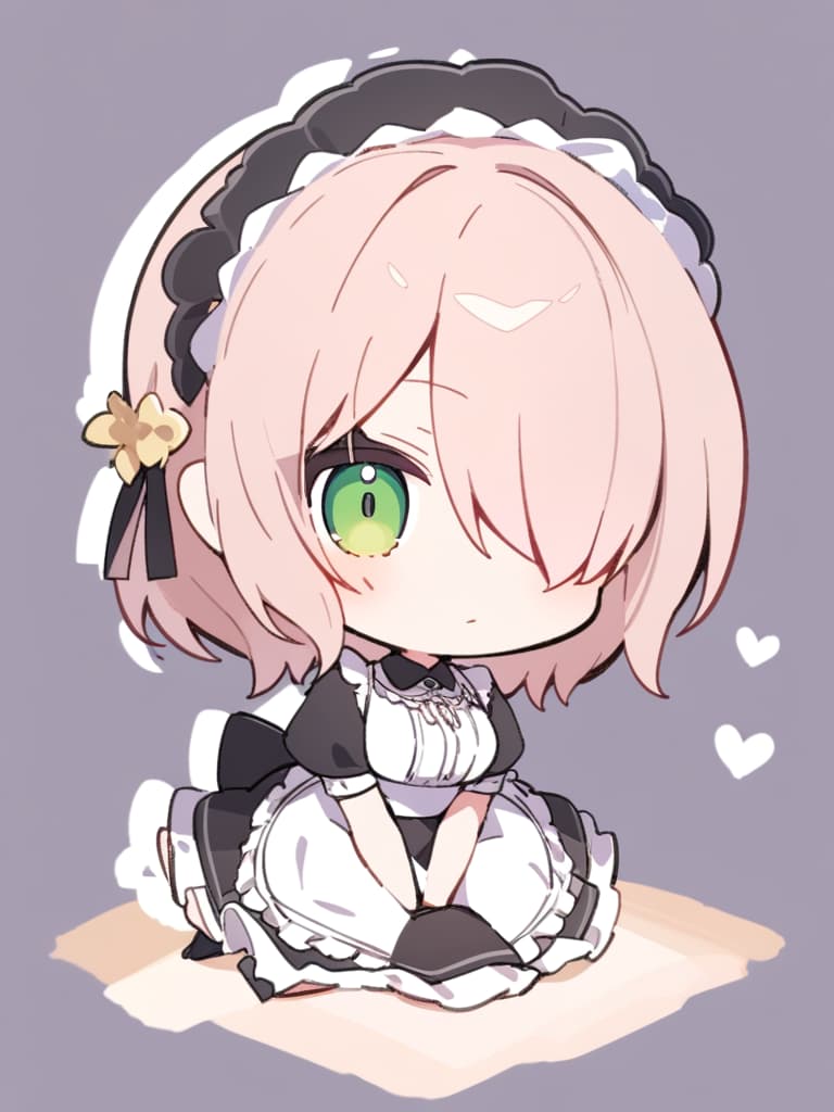  ultra detailed:1.2masterpiece:1.2,best quality,masterpiece,bestquality,hdr:1.1,8k:1.1,very cute girl:1.3,solo:1.5,(chibi:1.7),maid:1.4,maid head dress:1.3,short hair:1.3,hair over one eye:1.3,sitting:1.3,wariza:1.3,hand between legs:1.7,pink hair:1.3,green eyes:1.3,spoken heart:1.3,clear face:1.3,middle breast:1.2.yellow pattern background:1.3,white outline:1.3,face focus:1.3,tareme:1.6, masterpiece, best quality,8k,ultra detailed,high resolution,an extremely delicate and beautiful,hyper detail