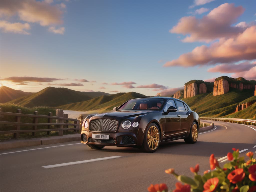  hyper realistic, Black Bentley Mulsanne Mansory, wide angle, winding seaside road, epic sunrise, golden clouds, dramatic lighting, perfect composition, , 4k