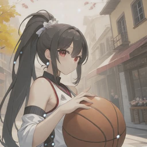  anime girl black hair bright dark brown eyes red and white basketball uniform with the number 18 and the name Nicky white and black shoes Have your hair in a medium high ponytail with two strands on the sides of your ears, have a basketball and look full body Pastel Palette, Da Vinci's Dreams, Picasso's , Sunrise Splendors, Floral Fantasy, Mystical Moonscapes, Urban Nature, Crystal Clear, Cinematic hyperrealistic, full body, detailed clothing, highly detailed, cinematic lighting, stunningly beautiful, intricate, sharp focus, f/1. 8, 85mm, (centered image composition), (professionally color graded), ((bright soft diffused light)), volumetric fog, trending on instagram, trending on tumblr, HDR 4K, 8K