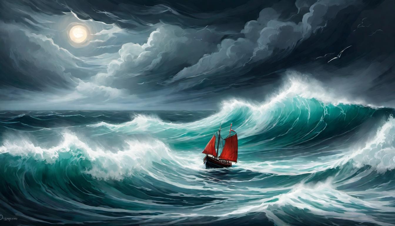  digital painting of A stormy sea under dark, swirling clouds, a single lantern glowing faintly on a small boat amidst tumultuous waves. Isolation, search for guidance, resilience, beacon of hope in despair, dramatic contrast looking at viewer, dynamic pose, (intricate details, masterpiece, best quality)