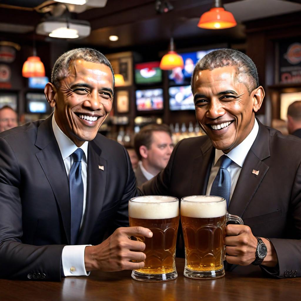  Barack Obama and Donald Trump drinking a mug of beer at a lively sports bar, both of them cheering and rooting for the Cleveland Browns. The bar has Cleveland Browns memorabilia and banners hanging on the walls, and other patrons are also engaged in watching the game on large screen TVs. Both Obama and Trump look friendly and in good spirits, clinking their mugs together in a toast. hyperrealistic, full body, detailed clothing, highly detailed, cinematic lighting, stunningly beautiful, intricate, sharp focus, f/1. 8, 85mm, (centered image composition), (professionally color graded), ((bright soft diffused light)), volumetric fog, trending on instagram, trending on tumblr, HDR 4K, 8K