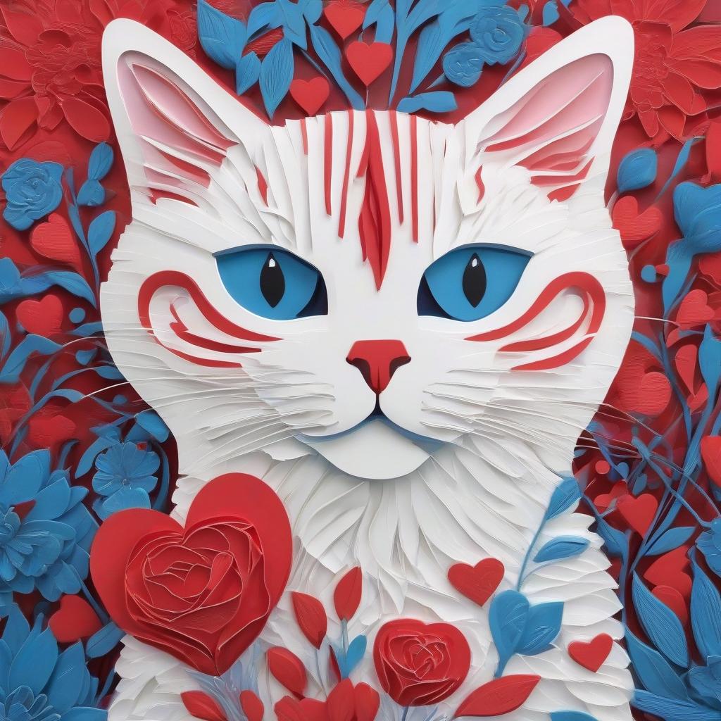  stacked papercut art of A white cat with blue eyes holds a bouquet of fresh flowers against a backdrop of small red hearts. This is a clear image, 32K resolution. [2023 04 27 18:34] Translated message: \ A cotton swab to brush your eyeballs might seem like a good idea at first, but it can cause big problems. The swab's fabric can scrape the surface of your eye, leaving you with scratches or even perforations in your cornea. But, if you must clean your eyes, there are safer options like using lukewarm water. [2023 04 27 00:44] . 3D, layered, dimensional, depth, precision cut, stacked layers, papercut, high contrast hyperrealistic, full body, detailed clothing, highly detailed, cinematic lighting, stunningly beautiful, intricate, sharp focus, f/1. 8, 85mm, (centered image composition), (professionally color graded), ((bright soft diffused light)), volumetric fog, trending on instagram, trending on tumblr, HDR 4K, 8K