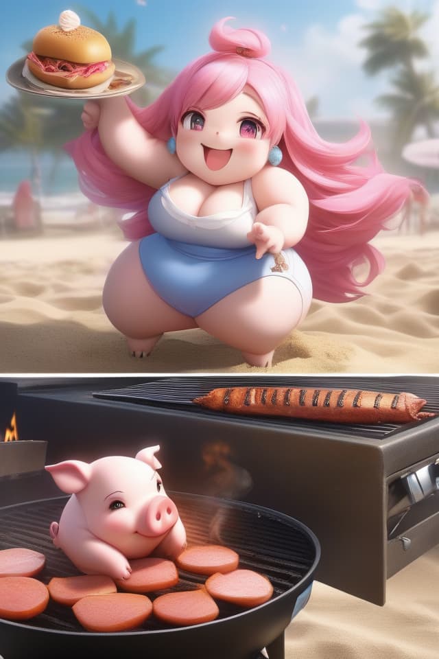  extremely obese girl、pink colored hair、((bright deep pink colored drooping pig's ears:1.4、ultra detailed plump & fat face sweaty smile:1.4、ultra detailed shiny black skin:1.4))、(((on the beach:1.4、barbecue:1.4)))、(、eating a lot of barbecue)、dutch angle、best quality:1.4、masterpiece:1.4、ultra detailed texture、RAW photorealistic、absurd resolution、8K illustration、💩、💩、💩、💩 hyperrealistic, full body, detailed clothing, highly detailed, cinematic lighting, stunningly beautiful, intricate, sharp focus, f/1. 8, 85mm, (centered image composition), (professionally color graded), ((bright soft diffused light)), volumetric fog, trending on instagram, trending on tumblr, HDR 4K, 8K