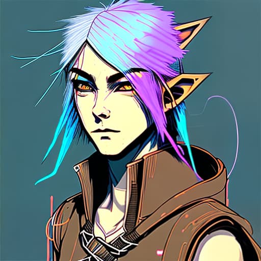 nvinkpunk young elf, long white hair, electric swordsman, has a scar on his left eye