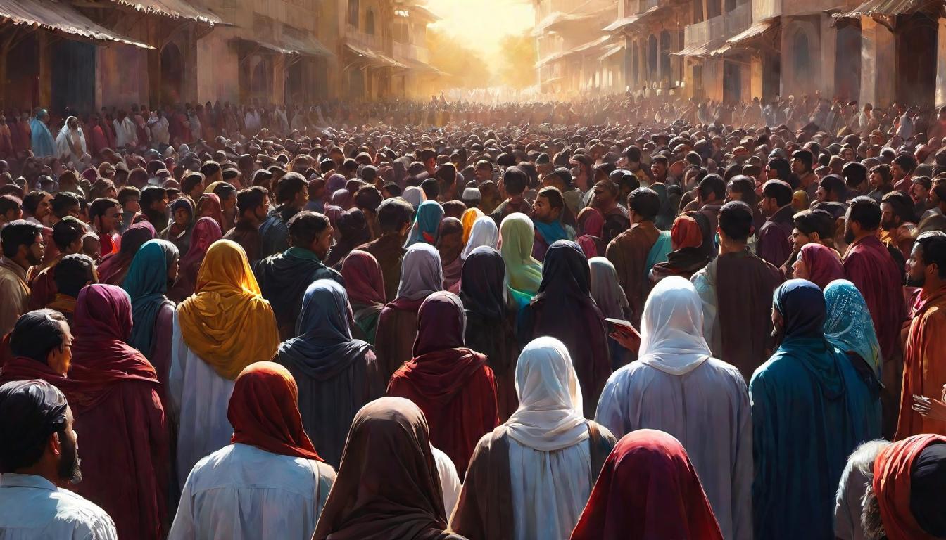  digital painting of A crowd turning from shadows towards a radiant light, embodied by an ethereal figure holding the Quran, awakening, collective shift towards divine guidance looking at viewer, dynamic pose, (intricate details, masterpiece, best quality)