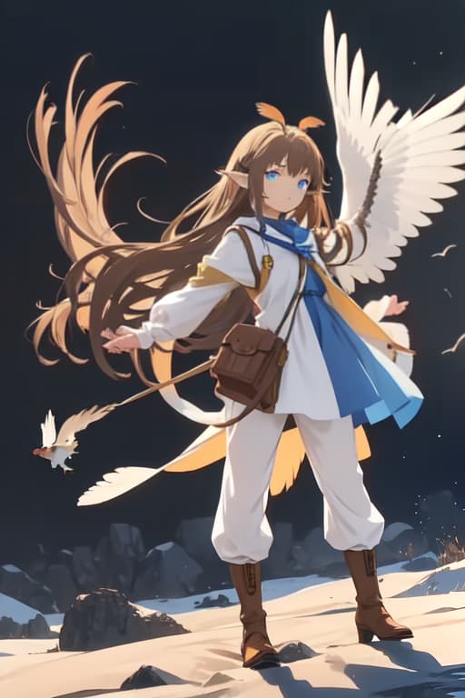  masterpiece, best quality, Messy brown hair, half birdfolk, human body, bird features, white feathery wings, blue eyes, clutched feathery ears, white feathery bird tail, full body, mage outfit, black background, , wears pants instead of a dress, long brown hair, light armor, hands with the correct five number of fingers, brown boots, correct hand anatomy, arms crossed across , serious, fingers not visible, feathery ears, no human or elven ears, well drawn eyes, drawn anime style, small blue gems in hair